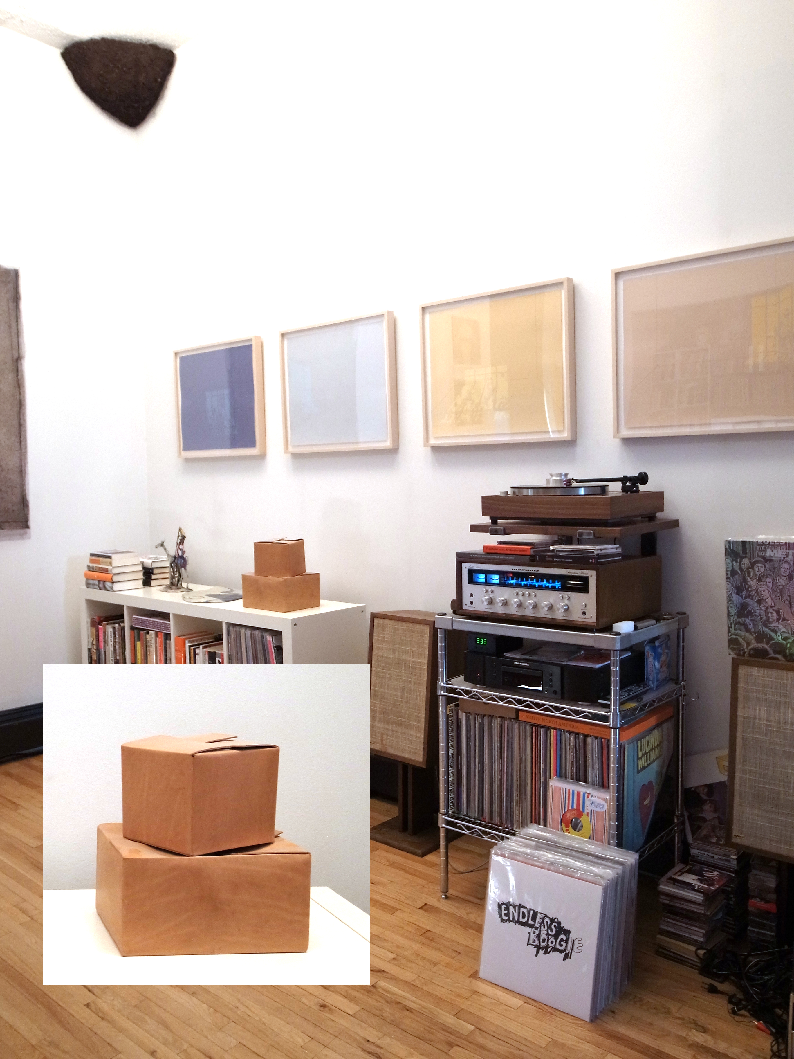 In the morning, my husband Kyle plays records. The records are starting to edge out the books, but we still have walls and some surfaces for art display – four Mary Temple prints, a David Kennedy Cutler "dirt corner" sculpture, Welcome Companions leather cardboard boxes, an old Don Quixote ceramic from my grandma, and a ceramic blobby plate by Sara Magenheimer. Books and lots of records.