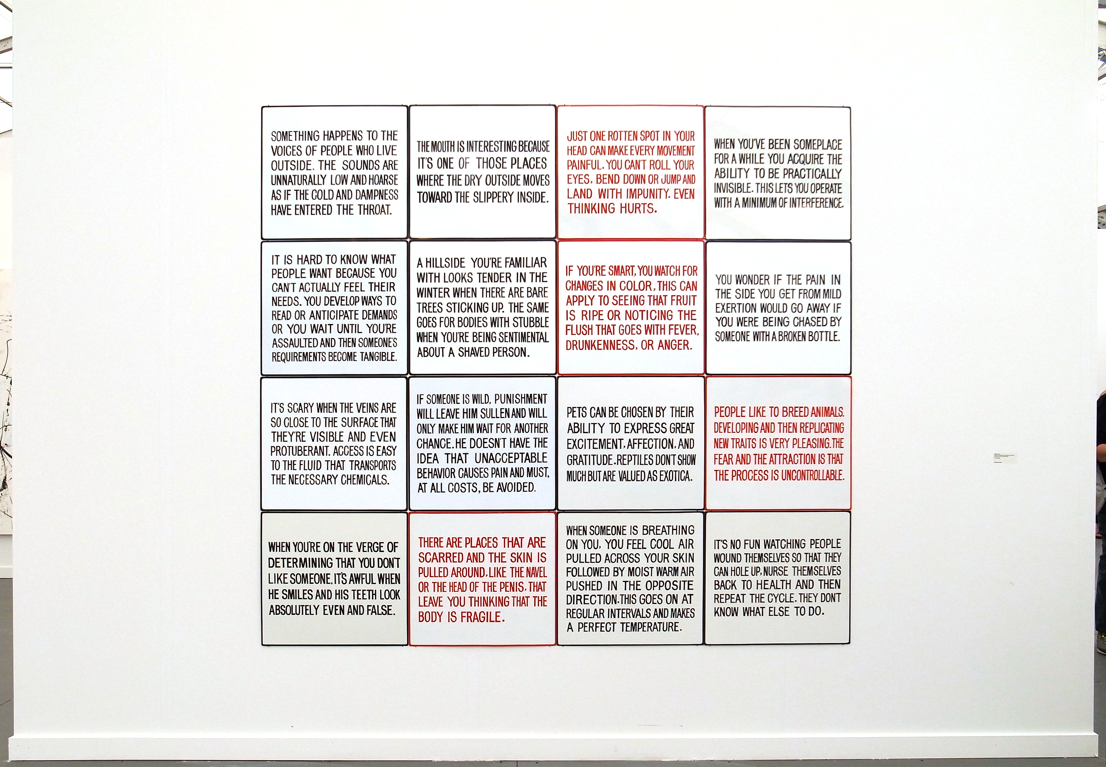 There were lots of trends this year, and one of them was gridded installations of graphic things – words/images/etc. – this is an example by Jenny Holzer from the early 1980s, hand-painted enamel.